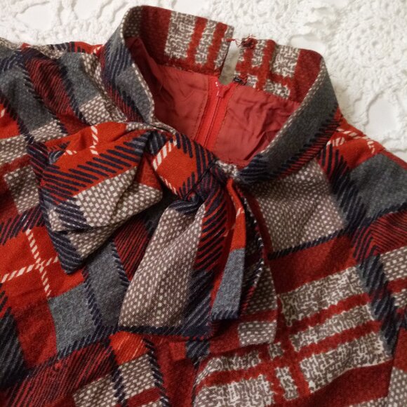 Vtg 70s Fit Flare Dress Plaid Bow Neck Orange Wool Skirt Retro Medium Women 8 - Picture 4 of 10